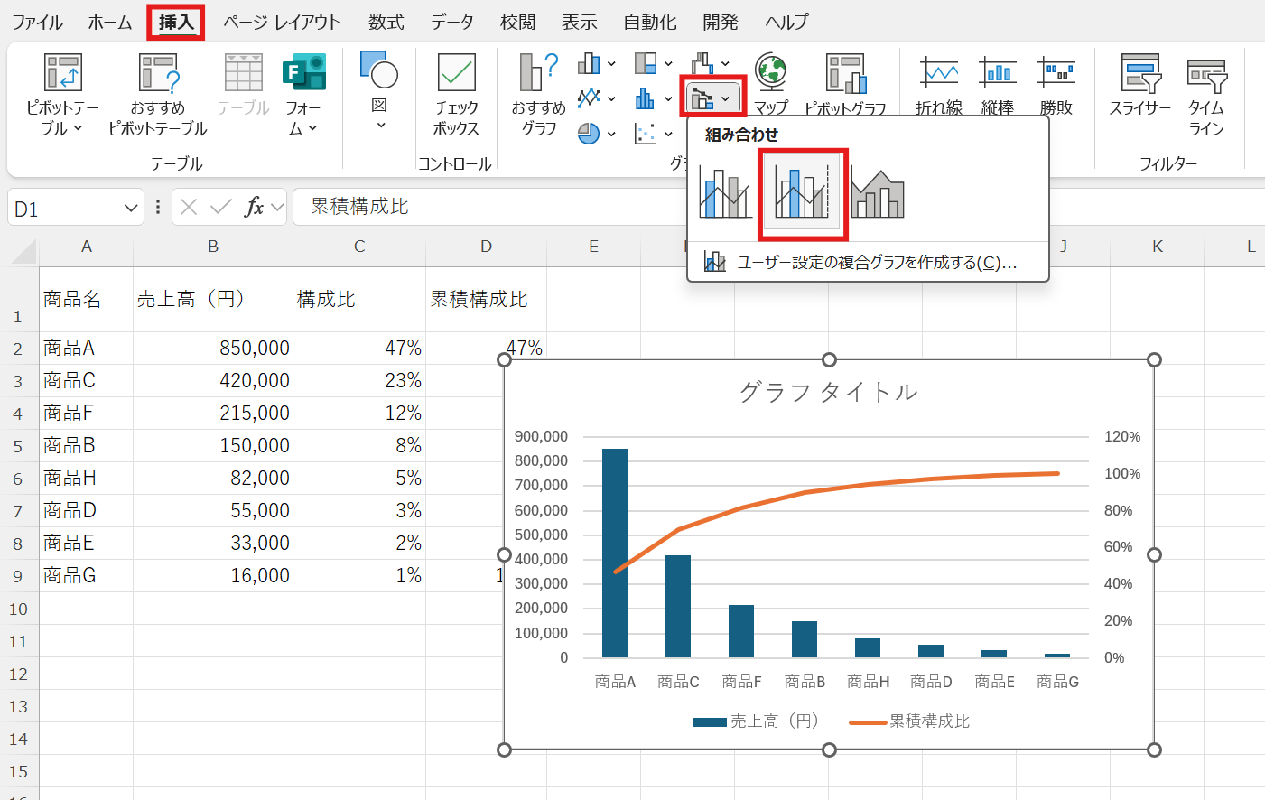 「集合縦棒-第2軸の折れ線」を選択